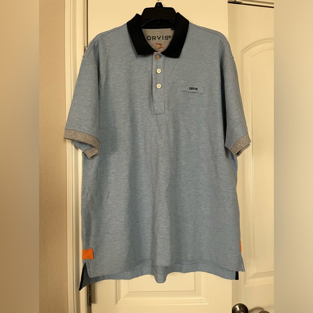 Orvis men’s cotton polo size large blue with gray and orange accents